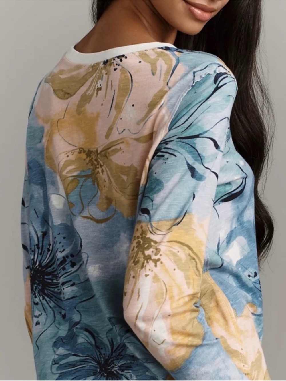 Maeve Floral Watercolor Long-Sleeve Top in Blue & Light Pink - Picture 2 of 6